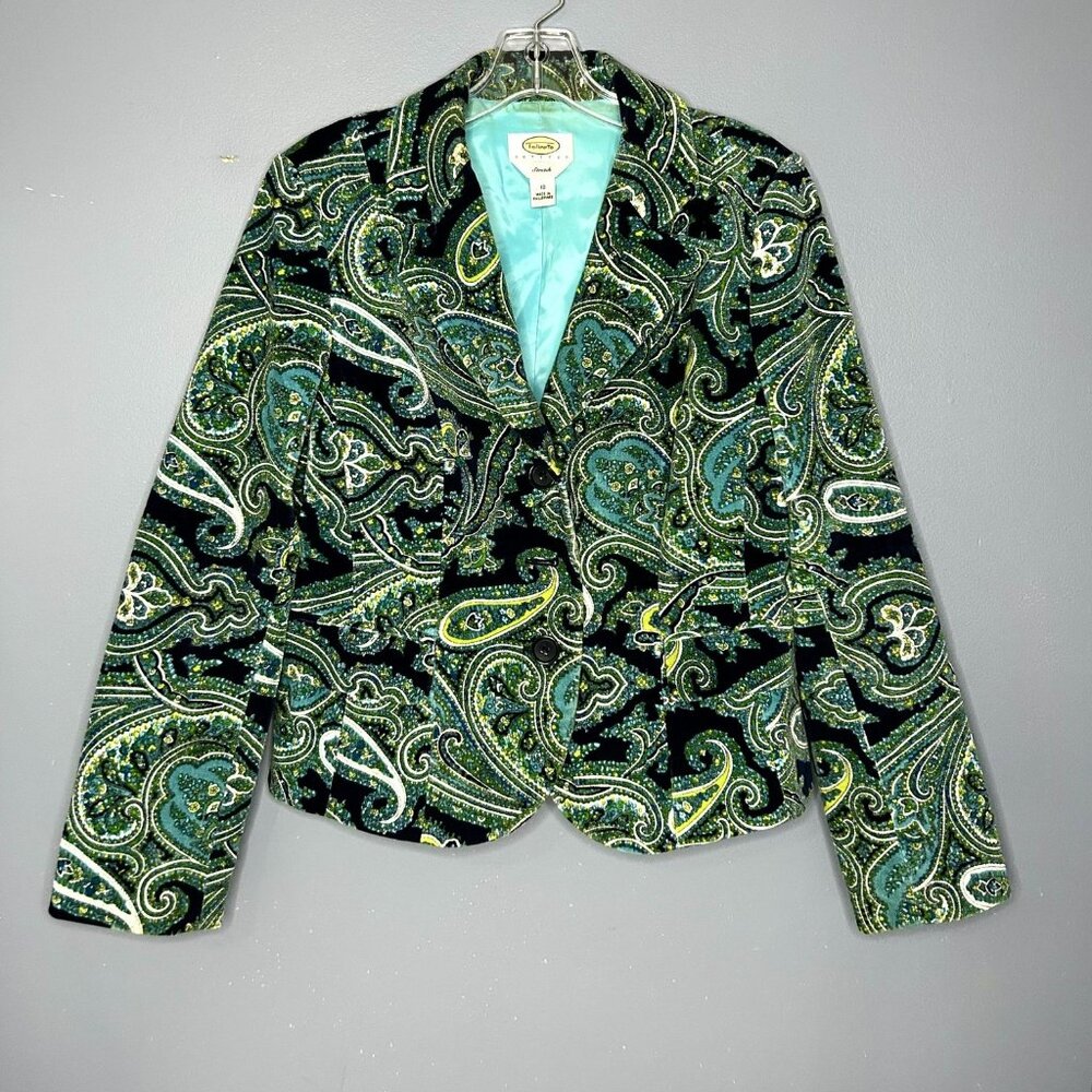 Talbots Petites Blazer Womens 10 Blue Green Paisley Vintage Stretch Lined Jacket